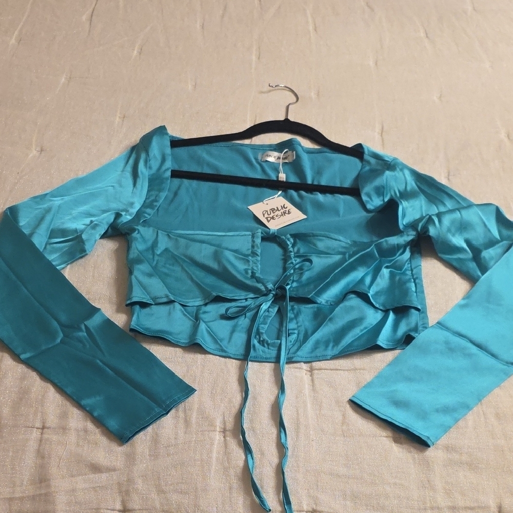 Public Desire Teal Satin Tie-Front Ruffle Crop Top Juniors 12 See Mesurements